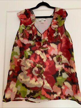 LOFT Floral Ruffle V-Neck Sleeveless Camisole in Red, Green, Cream